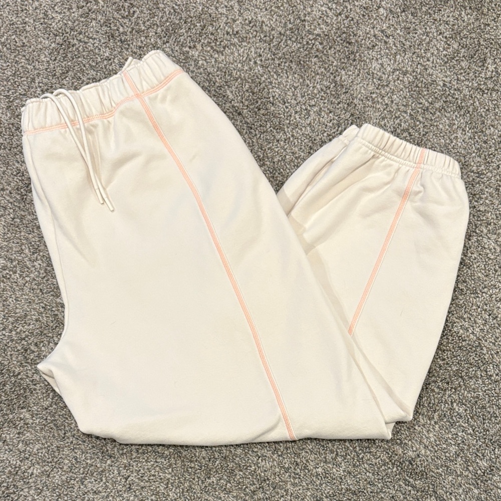Cream Track Joggers with Pink Contrast Stitching